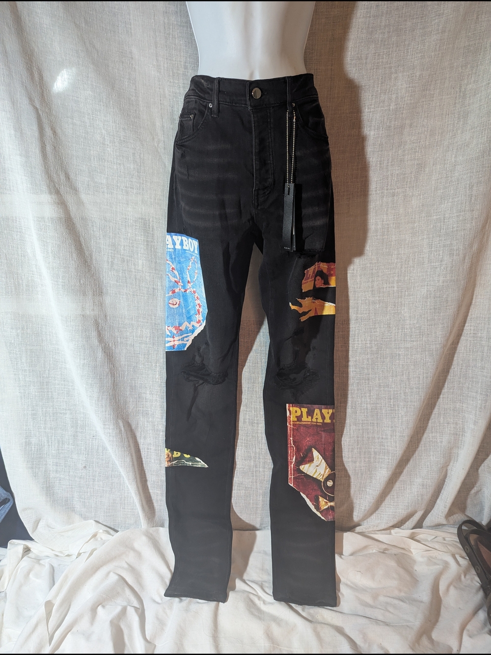 NWT AMIRI Black Graphic Patch Jeans - Playboy Inspired